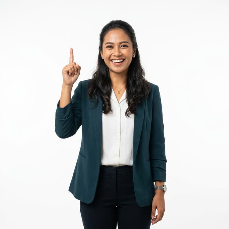 Profesional wanita menunjuk ke atas melambangkan kesuksesan bersama YAPI Talent Academy